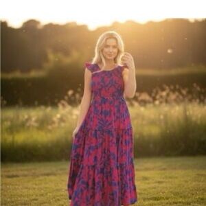 Women’s Pink and Blue Floral Tiered Maxi Dress